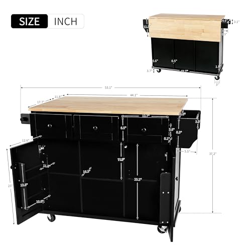 53'' Rolling Kitchen Island with Storage, Large Kitchen Cart On Wheels with Drop Leaf & Power Outlet & Drawers, Mobile Kitchen Table with 3 Drawers, for Dining Room (Black) - color: Black