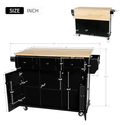 53'' Rolling Kitchen Island with Storage, Large Kitchen Cart On Wheels with Drop Leaf & Power Outlet & Drawers, Mobile Kitchen Table with 3 Drawers, for Dining Room (Black) - color: Black