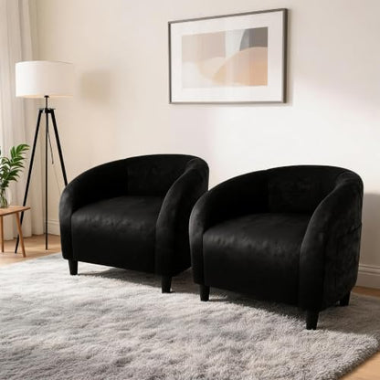 Flannel Barrel Accent Chairs, Compact Soft Flannel Leisure Armchairs with Curved Silhouette for Small Spaces Living Room Bedroom Office, Black, Set of 2 - color: Black-set of 2