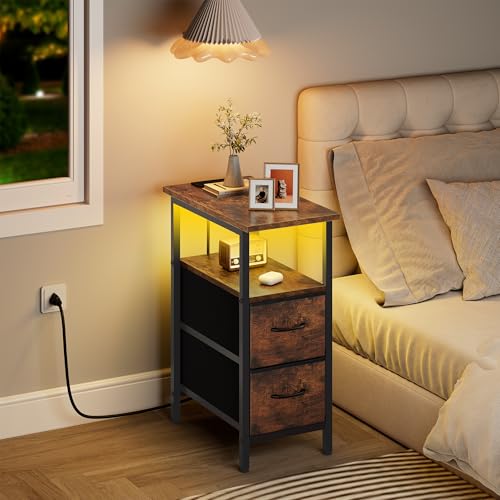 Set of 2 Nightstand with Charging Station and LED Lights, Narrow Side Table, LED Night Stand with 2 Fabric Drawers, Bedside Table Small End Table, Tall Nightstand for Bedroom, Rustic Brown - color: Rustic Brown, size: 2, style: With LEDs