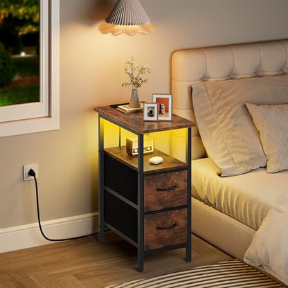 Set of 2 Nightstand with Charging Station and LED Lights, Narrow Side Table, LED Night Stand with 2 Fabric Drawers, Bedside Table Small End Table, Tall Nightstand for Bedroom, Rustic Brown - color: Rustic Brown, size: 2, style: With LEDs