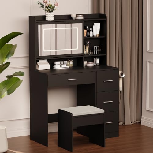 Viaozutis Vanity Desk with a Mirror and Lights，with Chair and Four Drawers, Three Adjustable Lighting Modes，with Power Outlet and Sliding LED Mirror,Bedroom Vanity Desk (Black) - style: Black