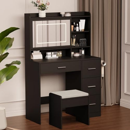 Viaozutis Vanity Desk with a Mirror and Lights，with Chair and Four Drawers, Three Adjustable Lighting Modes，with Power Outlet and Sliding LED Mirror,Bedroom Vanity Desk (Black) - style: Black