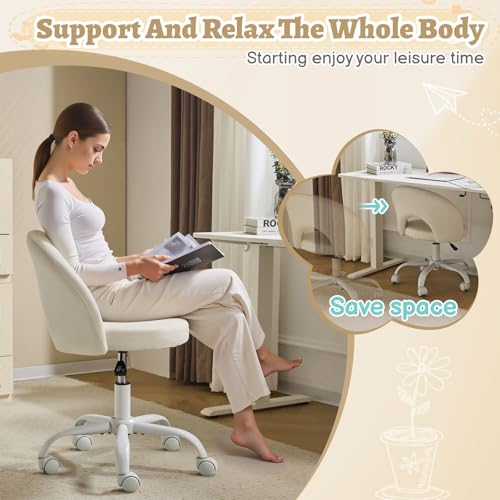 VINGLI Small Vanity Chair with Wheels for Girls.Cute Modern Adjustable Height Armless Office Desk Chair.360°Swivel Comfy Rolling Chair for Study, Make up Room,Small Space,Linen White - color: Linen White