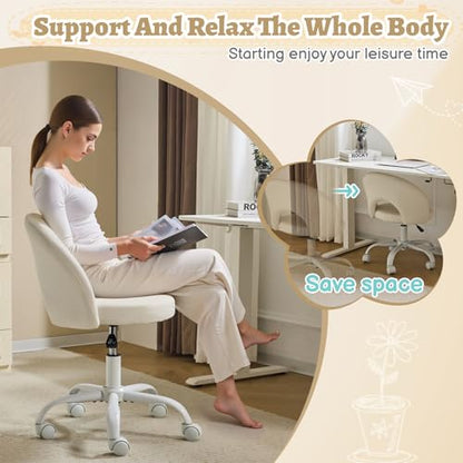 VINGLI Small Vanity Chair with Wheels for Girls.Cute Modern Adjustable Height Armless Office Desk Chair.360°Swivel Comfy Rolling Chair for Study, Make up Room,Small Space,Linen White - color: Linen White