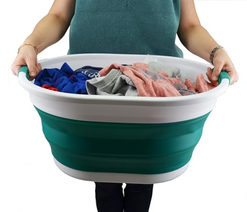 SAMMART 32L (8.4 gallon) Collapsible Plastic Laundry Basket - Foldable Pop Up Storage Container/Organizer - Portable Washing Tub - Space Saving Hamper, Water Capacity: 24L (2, Black+Dark Green) - color: Black+Dark Green