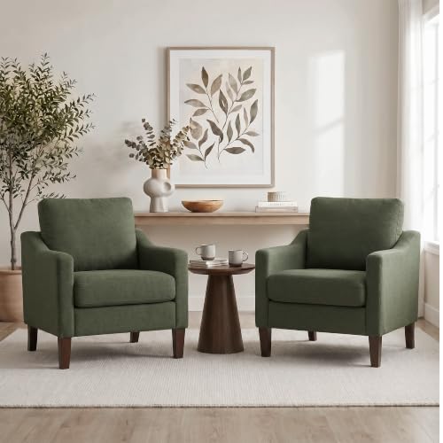 VKNOW Accent Chairs Set of 2, Modern Upholstered Armchairs, Green | Reading Chairs with Wood Legs, Single Sofa Reading Seat, Flexible Cushion, No Tool Assembly, For Living Room, Bedroom - color: Green
