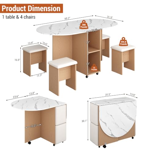 5 PCS Farmhouse Dining Table Set for 4,60" Large Round Folding Dining Table Set w/ 4 Leather Chairs, Drop Leaf Oval Modern Kitchen Table for Small Spaces,6 Wheels,2-Layer Storage Shelf,White Marble - color: White Marble