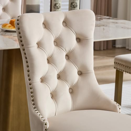KEIKI Mid-Century Upholstered Velvet Dining Chair, Tufted Accent Seat | with Golden Solid Wood Legs for Dining Room Kitchen Room, Beige - color: Beige