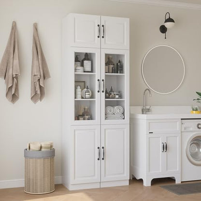 Bobve 86.6" H Extra Tall Narrow Storage Cabinet, Tall Bathroom Cabinet with Glass Door and Shelves, 5-Tier Free-Standing Cube for Bathroom, Living Room, Kitchen, White - size: 1-Pack