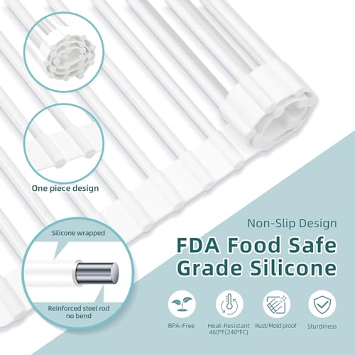 Ohuhu Over Sink Dish Drying Rack, 17.6" W x 15.4" L Roll Up Dish Racks Kitchen Sink Organizer Silicone Wrapped Large in Sink Dish Drying Rack Foldable Rolling Drain Mats Anti-Slip - color: White, size: 17.6"W x 15.4"L
