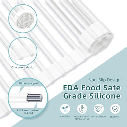 Ohuhu Over Sink Dish Drying Rack, 17.6" W x 15.4" L Roll Up Dish Racks Kitchen Sink Organizer Silicone Wrapped Large in Sink Dish Drying Rack Foldable Rolling Drain Mats Anti-Slip - color: White, size: 17.6"W x 15.4"L