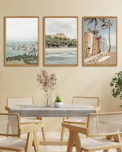 UPWOIGH Hawaii Coastal Framed Wall Art, 16 x 24 Inch, Set of 3 | Surfboard Beach, Diamond Head and Honolulu Prints, Soft Coastal Tones, Light Wood Frames for Living Room and Office - color: Grey Hawaii, size: 24"L x 16"W