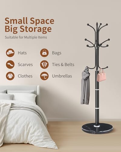Snaikor Metal Coat Rack Freestanding, Sturdy Coat Rack Stand with Natural Marble Base, Modern Black Coat Racks Tree Hats Hanger Holder Stand for Entryway, Hallway, Office(12 Hooks) - color: Black-12Hooks