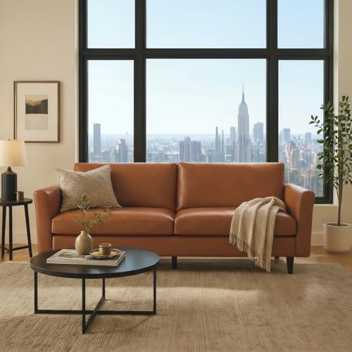80" Faux Leather Sofa Couch, Mid Century Modern Leather Couch with Rolled Arms and Deep Seats, Brown Leather Sofa for Living Room, 3-Seater Couch for Apartment, Office and Bedroom, Dark Brown - color: Dark Brown, size: Standard