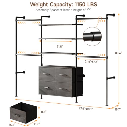 T3 Closet System with Stepless Dimmable LED Light & 4 Large Drawers | Adjustable from 6'6'' to 8'11'', Heavy Duty Industrial Pipe Clothes Rack with 6 Wood Shelves & 4 Hanging Rods, Black Gray Oak - color: Black Gray Oak