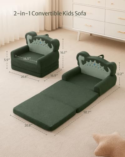 Blissful Diary Kids Couch, 2-in-1 Soft Kids Sofa, Kids Sofa Chair, Comfy Kids Furniture for Playroom, Reading & Play, Dinosaur Green - color: Dinosaur Green