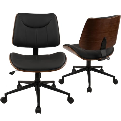 CLATINA Office Chair Armless with Wheels, Mid-Century Modern Walnut Desk Chair, Adjustable Height Reading Chair, PU Leather Mid Back & Swivel Computer Chairs for Home Meeting Room Bedroom, Black(2 PK) - color: Black Linear, size: 2 Pack