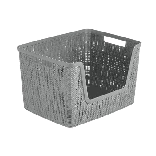 Curver Set of 4 Large 18L Easy Access Jute Decorative Plastic Organization and Storage Baskets - Perfect Bins for Home Office, Closet Shelves, Kitchen Pantry and All Bedroom Essentials, Grey - color: Grey, size: Large Easy Access 18L