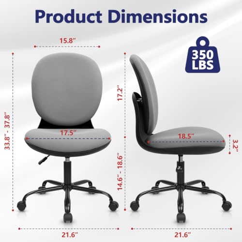 CLATINA Armless Office Desk Chair with Wheels, Ergonomic Tilt Backrest Executive Chairs Adjustable Height Mid Back Swivel Rolling Computer Task Chair for Home Bedroom Study Save Space Saving, Grey - size: 1 Pack