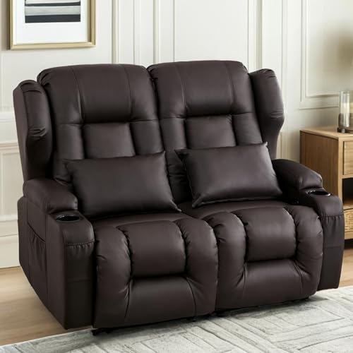 Loveseat Recliner Sofa,RV Wall Hugger Recliners for Small Spaces,Reclining Loveseat Sofa Recliner with Cup Holders/Lumbar Pillows,RV Furniture (Brown, 56" 2-Seater) - color: Brown, size: 56" 2-Seater