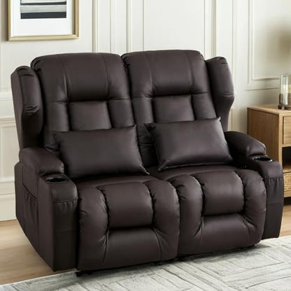 Loveseat Recliner Sofa,RV Wall Hugger Recliners for Small Spaces,Reclining Loveseat Sofa Recliner with Cup Holders/Lumbar Pillows,RV Furniture (Brown, 56" 2-Seater) - color: Brown, size: 56" 2-Seater