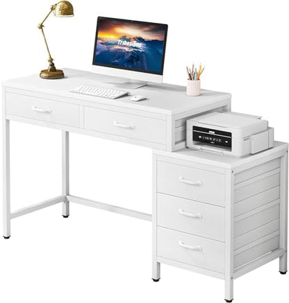 Tribesigns Computer Desk with 5 Drawers, Reversible Home Office Desks | Small Desk with Drawer Cabinet Printer Stand, PC Desk with Storage, White Study Writing Table Workstation for Small Spaces - color: White