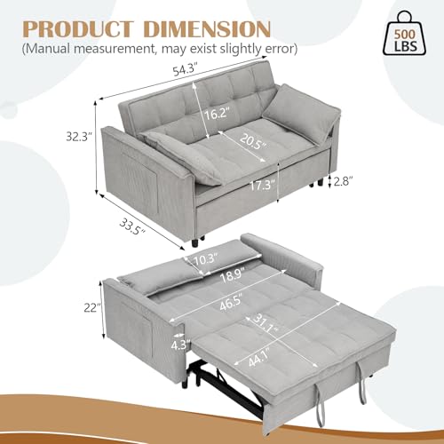 3 in 1 Pull Out Couch,Convertible Sleeper Sofa Bed, Corduroy-Light Gray | Futon Loveseat Couch with Pull-Out Bed & Adjustable Backrest Velvet Sofa with Side Pocket for Small Apartment - color: Corduroy-light Gray, size: 54.3 "