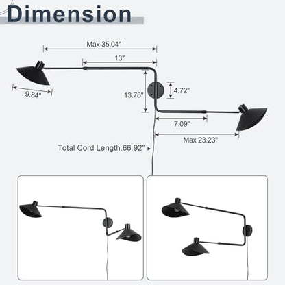 Big 2-Light Plug in Wall Sconce, Adjustable Swing Arms Wall Light Fixture for Living Room Bedroom Bedside Wall Light Adjustable Swivel Arms Length 22” to 58” - color: A-Black