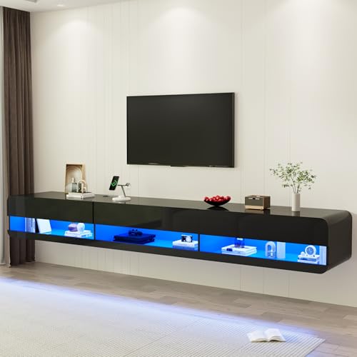 St.Mandyu Floating LED TV Stand for TVs Up to 100 inch, 94.5 inch Modern Entertainment Center with Led Lights & Power Outlet, Wall Mounted Hanging Media Console for Living Room, Black - color: Black