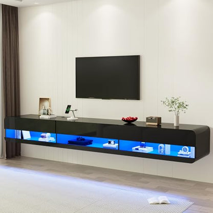 St.Mandyu Floating LED TV Stand for TVs Up to 100 inch, 94.5 inch Modern Entertainment Center with Led Lights & Power Outlet, Wall Mounted Hanging Media Console for Living Room, Black - color: Black