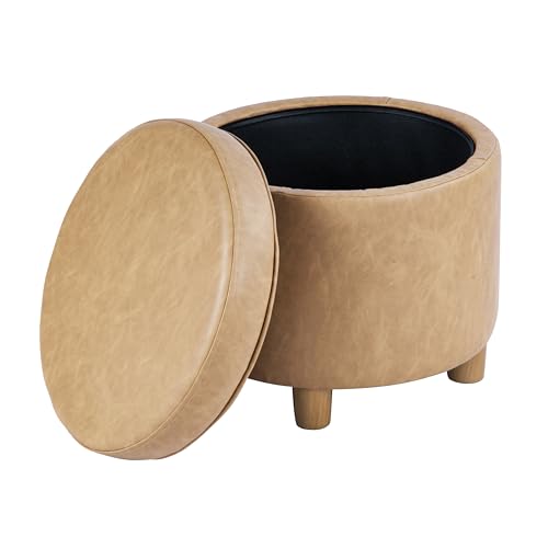 HomePop 19" Round Storage Ottoman - Sand Faux Leather - color: Sand Faux Leather