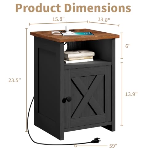 Farmhouse End Table Set of 2 w/Charging Station, Nightstands w/Barn Door & Storage Shelf, Rustic Bedside Table for Living Room, Bedroom, Entryway, Office, Small Spaces, Black
