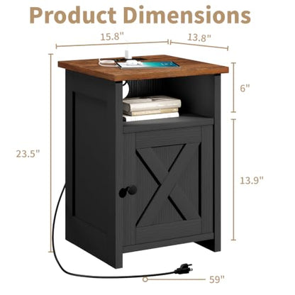 Farmhouse End Table Set of 2 w/Charging Station, Nightstands w/Barn Door & Storage Shelf, Rustic Bedside Table for Living Room, Bedroom, Entryway, Office, Small Spaces, Black