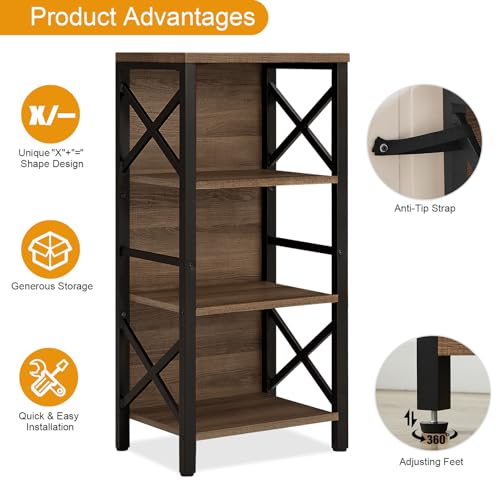 MNEETRUNG Small Bookshelf,4 Tier Industrial Bookcase with Metal Frame and Backboard,Narrow Rustic Brown Book Shelf,Book case for Small Spaces,Living Room,Bedroom and Home Office - color: Brown, size: 4-Tier (15.7"W x 11"D x 39.5"H)