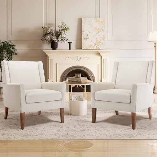 Living Room Chair, Wingback Mid-Century Accent Chair – Comfy Single Sofa with Solid Wood Legs & Velvet-Like Fabric, Oversized Armchair for Living Room/Bedroom/Reading Nook&Lounge(Set of 2)