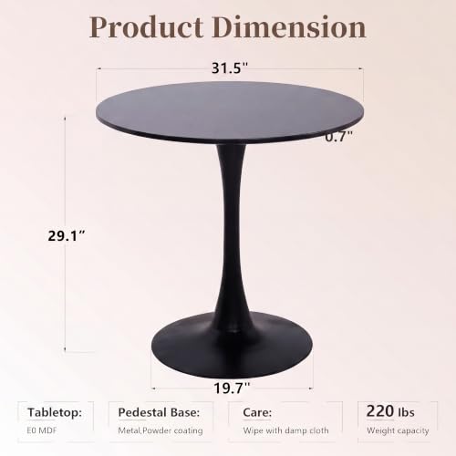 80.9cm(31.5인치) 원형 식탁, 금속 받침대 베이스가 있는 중세 튤립 테이블, 좁은 공간의 주방 다이닝 룸을 위한 현대적인 레저 테이블, 쉬운 조립, 매트 블랙 - color: 블랙., size: 31.5 Inch
