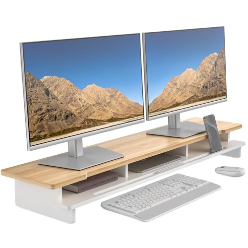 42.5" Dual Monitor Stand Riser with Phone Holder Desk Shelf White | Double Computer Monitor Stand for 55-72" Desk Wood Storage Organizer Cozy Computer Setup Workplace Organizer Keyboard Storage - color: White & Natural Bamboo, size: 42.5 inch