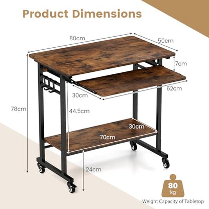 GIANTEX Rolling Computer Desk, Mobile Portable Desk with Keyboard Tray & Wheels, Laptop PC Table Cart with Shelf & Hooks, Industrial Small Desk for Small Spaces, Home Office, Bedroom, Rustic Brown - color: Rustic Brown