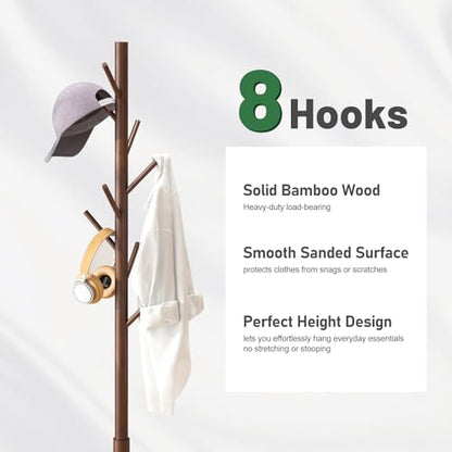 kiplant Bamboo Wood Coat Rack Stand, Freestanding Coat Tree with 8 Hooks, Hallway Entryway Hat Hanger Organizer Standing for Bedroom, Office, Clothes, Jackets, Bags, Umbrallas - color: Brown