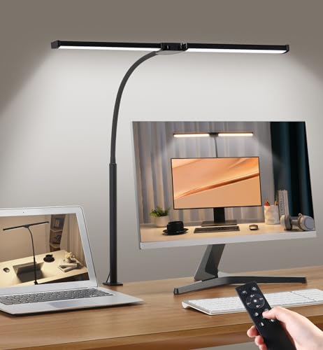 Motumen Led Desk Lamp for Home Office, Eye-Care Desk Light Clamp, Black | Smart Double Head Computer Monitor Table Clip Lamp, Adjustable Flexible Goose-Neck, 25 Lighting Models, Task Lamp - color: Black