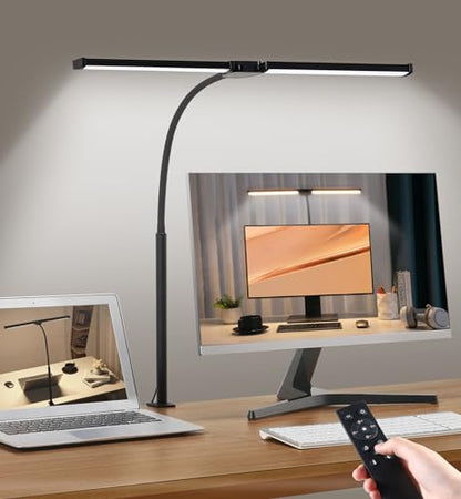 Motumen Led Desk Lamp for Home Office, Eye-Care Desk Light Clamp, Black | Smart Double Head Computer Monitor Table Clip Lamp, Adjustable Flexible Goose-Neck, 25 Lighting Models, Task Lamp - color: Black