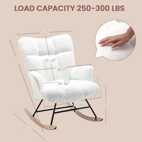 Rocking Chair Nursery Teddy Upholstered Glider Rocker Rocking Accent Chair Padded Seat with High Backrest Armchair Comfy Side Chair for Living Room Bedroom Offices (White Teddy) - color: White