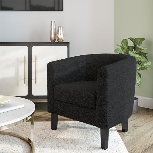 BELLEZE Living Room Chairs Set of 2, Teddy Polyester Accent Barrel Chairs, Club Tub Sofa Chairs for Bedroom, Corner Chairs with Flared Legs and Cozy Soft Padding - Highland (Teddy Black) - color: Teddy Black, style: Set of 2 Barrel Chair
