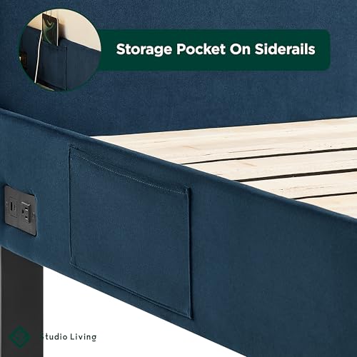 Studio Living® Adaline Upholstered Bed, Full Size, USB A + C Power, Storage Sleeve, Velvet Fabric, Navy - color: Navy, size: Full