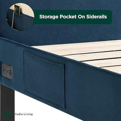 Studio Living® Adaline Upholstered Bed, Full Size, USB A + C Power, Storage Sleeve, Velvet Fabric, Navy - color: Navy, size: Full