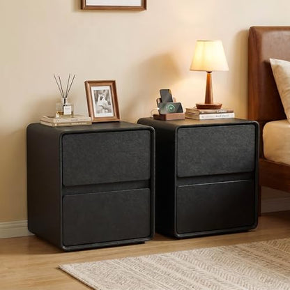 15.8" W Leather Narrow Nightstand Set of 2, Modern Fully-Assembled Bedside Table with 2 Drawers, Night Stand Small End Table & Side Table for Bedroom, Black - color: Black Set of 2, size: 16in