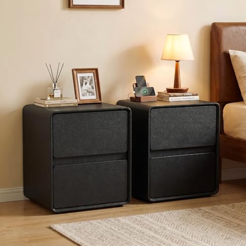 15.8" W Leather Narrow Nightstand Set of 2, Modern Fully-Assembled Bedside Table with 2 Drawers, Night Stand Small End Table & Side Table for Bedroom, Black - color: Black Set of 2, size: 16in