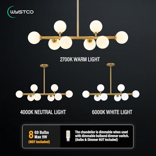 Mid Century Modern Globe Sputnik Chandelier, 8-Light Linear Chandeliers for Dining Room and Kitchen Island, Dining Light Fixture Over Table, Brass Gold and Milk White Glass Bubble, 32 Inch - color: Gold Milk White, size: 8-Light 32 Inch