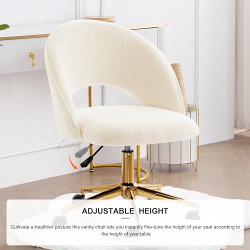 Furnimart Swivel Rolling Desk Chair, Adjustable Faux Fur Vanity Chair with Gold Legs, Cute Task Chair with Wheels for Living Room Bedroom Studying Small Places (Faux Fur White) - color: Faux Fur-white